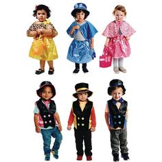 four children in different outfits and hats standing next to each other on a white background