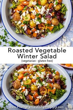 roasted vegetable winter salad with feta cheese in two white bowls on a blue and white tablecloth