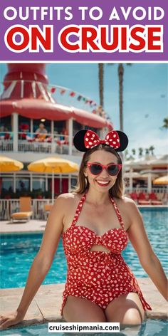 a woman in minnie mouse swimsuit sitting on the edge of a pool with text overlay