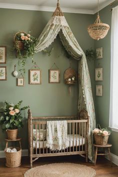 a baby's room decorated in green and white with flowers on the walls, crib, rugs, and pictures