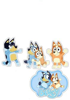 four stickers with different cartoon characters on them