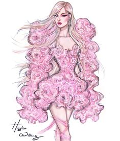 a drawing of a woman in pink dress with flowers on her body and long hair