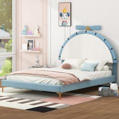 Full Size Upholstered Platform Bed With Alarm Clock Shaped Headboard Kids Platform Bed, Shaped Headboard, Bed Platform, Bed Legs, Upholstered Panel Bed, Upholstered Panels, Kids' Bed, Blue Bedding, Kids Bedroom Furniture