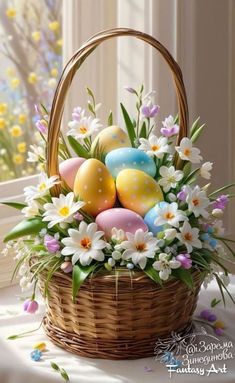 a basket filled with eggs and flowers on top of a table