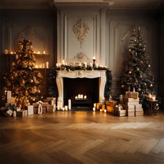 a living room decorated for christmas with candles and presents