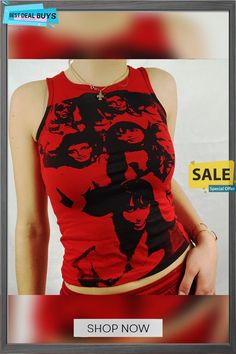 Summer Women's Slim Fit Print Sleeveless Neck Casual Top Plus Color T-shirt Y2k Fitted Sleeveless T-shirt, Fitted Tank T-shirt For Summer, Trendy Summer Tank T-shirt, Fitted Racerback T-shirt For Summer, Fitted Summer Tank Muscle Tee, Fitted Summer Muscle Tee Tank, Y2k Racerback Top With Graphic Print, Y2k Graphic Print Racerback Top, Fitted Tank Muscle Tee For Summer