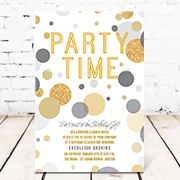 a party time sign on a wooden floor next to a white brick wall with gold and silver confetti