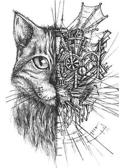 a black and white drawing of a cat's face next to an intricate design