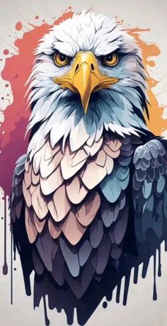 an eagle is painted with paint splatters on it's face and head