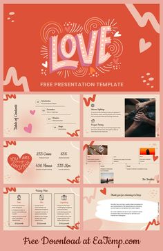 the love powerpoint presentation is shown in pink and orange colors with hearts on it