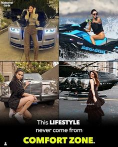 four different pictures with one woman on a jet ski and the other in a car