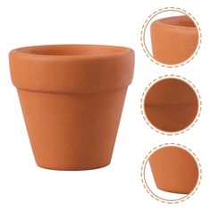 three different views of a clay pot with four circles around the bottom and one side