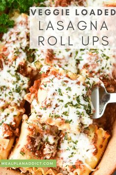 lasagna roll ups in a casserole dish with text overlay