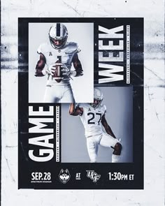 an advertisement for a football game featuring two players in white uniforms and the words game week