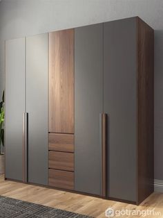 an image of a modern closet with wood and metal doors in the living room or bedroom