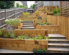 an outdoor garden with wooden steps and raised planters