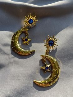 Moon And Sun Jewelry, Blue And Gold Jewelry, Soru Jewellery, Moon And Sun Earrings, Big Gold Earrings, Star And Moon Earrings, Sun And Moon Earrings, Moon Jewellery, Moon Fashion