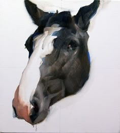 a painting of a black and white horse's head