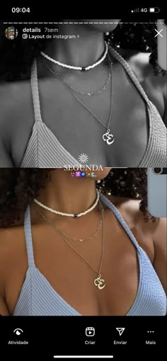 two pictures of the same woman's neck and chest, one with a necklace on it