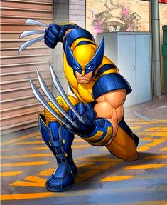 a cartoon wolverine is running through the street with his claws in his hand and one foot out