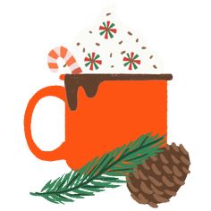 an orange mug with hot chocolate, candy canes and pine cones on it is surrounded by evergreen branches