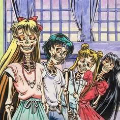 a drawing of three girls with skeleton faces