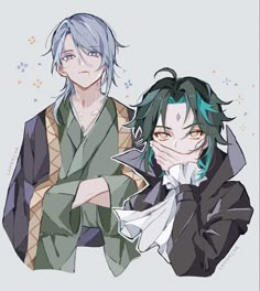 two anime characters with blue hair and green eyes