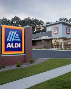 an aldi store is shown in the evening