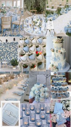 a collage of blue and white wedding decorations