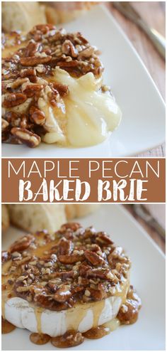 maple pecan baked brie on a white plate with caramel drizzle