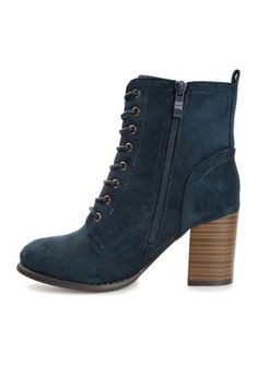 Our take on the military bootie, the Baylor by Journee Collection. This cool style features soft vegan leather uppers that rise above the ankles, accented by a classic lace-up closure. A stacked block heel, wide-width footbed, and padded insole perfect the design. | Journee Collection Women's Baylor-Wd Bootie, Blue, 8W Rise Above, Journee Collection, Boot Shoes Women, Faux Suede, Block Heels, Bootie Boots, Modern Style, Vegan Leather, Cool Style