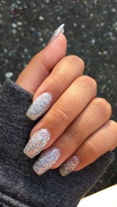 Sparkly Silver Nails Acrylic, Prom Sparkly Nails, Silver Sparkly Nails Acrylics, Sparkly Holographic Nails, Silver Shiny Nails, Silver Nail Ideas For Prom, Cute Sparkly Nails, Sparkly Nail Ideas