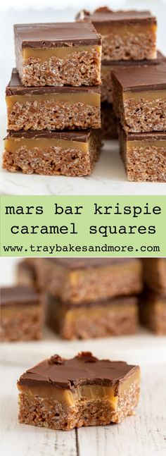 chocolate and caramel squares stacked on top of each other with text overlay that reads mars bar krispie caramel squares