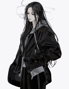 an anime character with long black hair wearing a black jacket and grey pants, standing in front of a white background