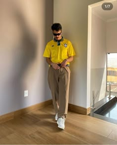 Black White Yellow Outfit, Retro Football Outfit, Brazil Shirt Outfit Men, How To Style Yellow Shirt, Blockcore Outfit Men, Yellow Fits Men, Brazil Jersey Outfit Men, Yellow Jersey Outfit, Blockcore Outfit Men Aesthetic