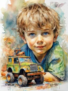 a painting of a boy with a toy truck