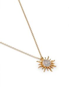 White diamonds illuminate a 14K yellow gold sun pendant on a delicate chain necklace. Elegant Yellow Gold Sun Design Necklace, Sun Pendant, Gold Sun, Delicate Chain, Buying Diamonds, Exclusive Jewelry, White Diamonds, Diamond Necklace, Jewelry Accessories