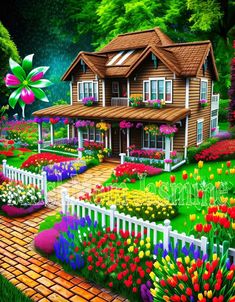 a painting of a flower garden with a house in the background and lots of flowers