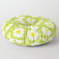 a green and white flower print floor pillow