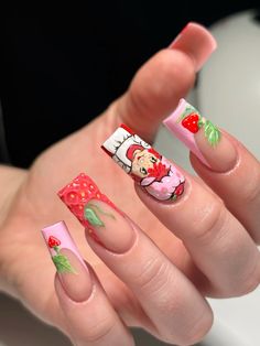 #nailsofinstagram #nailinspo #nailart Strawberry Shortcake Inspired Nails, Lilo And Stitch Nail Designs, Axolotl Nail Art, Strawberry Shortcake Nails Designs, Strawberry Shortcake Nails Acrylic, Birthday Cake Nails, Cake Nails, Strawberry Shortcake Nails, Cat Claw Nails