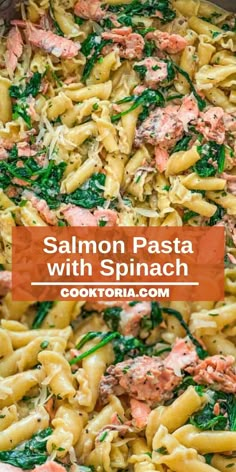 salmon pasta with spinach in a skillet