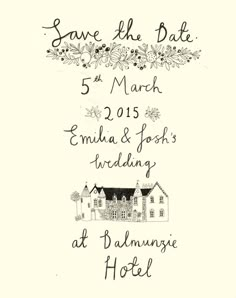 save the date card for a wedding in black and white with an image of a house