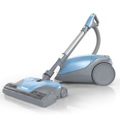 a blue and gray vacuum cleaner on a white background