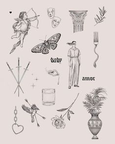 an image of different things that are drawn in pencil on paper, including flowers and other items