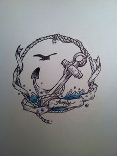 a drawing of an anchor, compass and rope