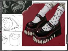 an image of a cartoon character's shoes with teeth and fangs on them, in photoshopped