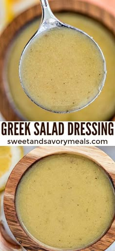 two pictures showing different stages of making greek salad dressing in a wooden bowl with a spoon and lemon wedges on the side