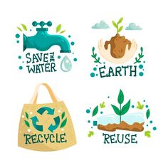 save the water, earth and recycle stickers on a white background with green sprouts