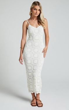 Antwerp Midi Dress - Strappy Bodycon Dress in White Crochet | Showpo USA Elegant Summer Bodycon Crochet Dress, White Crochet Dress With Spaghetti Straps For Summer, Sleeveless Crochet Lace Dress For Brunch, White Fitted Crochet Dress With Spaghetti Straps, White Crochet Dress With Spaghetti Straps, Chic Sleeveless Crochet Dress For Brunch, White Crochet Dress With Spaghetti Straps For Beach, Fitted Sleeveless Crochet Lace Dress, Fitted Sleeveless Crochet Dress For Brunch