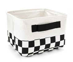 a black and white checkered storage basket